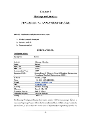 Chapter-7
                             Findings and Analysis

           FUNDAMENTAL ANALYSIS OF STOCKS



Basically fundamental analysis covers three parts:

   1. Market/economical analysis
   2. Industry analysis
   3. Company analysis


                                  HDFC BANK LTD.
Company detail:
Description                   Details


Industry                       Finance - Housing
House                          Private
BSE Code                       500010
NSE Code                       HDFC
Incorporation Year             1977
Registered Office             Ramon House H T Parekh Marg,169 Backbay Reclamation
,                             Churchgate Mumbai, Maharashtra-400020 .
ISINNO                         INE001A01028
Phone                           022-2283 6255 / 2282 0282
E-mail                         investorcare@hdfc.com
URL                             www.hdfc.com
Industry                       Finance - Housing
Chairman                       Deepak S Parekh
Managing Director              Keki M Mistry
Company Secretary              Girish V Koliyote
Listing                         BSE,NSE

The Housing Development Finance Corporation Limited (HDFC) was amongst the first to
receive an 'in principle' approval from the Reserve Bank of India (RBI) to set up a bank in the
private sector, as part of the RBI's liberalization of the Indian Banking Industry in 1994. The


                                              45
 