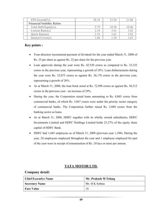 EPS Growth(%)                                           38.18        23.20          21.08
  Financial Stability Ratios
   Total Debt/Equity(x)                                     5.79        10.30          10.46
   Current Ratio(x)                                         2.18         3.41           3.82
   Quick Ratio(x)                                           2.18         3.41           3.82
   Interest Cover(x)                                        1.66         1.54           1.63

Key points :

   •   Your directors recommend payment of dividend for the year ended March 31, 2008 of
       Rs. 25 per share as against Rs. 22 per share for the previous year.
   •   Loan approvals during the year were Rs. 42,520 crores as compared to Rs. 33,332
       crores in the previous year, representing a growth of 28%. Loan disbursements during
       the year were Rs. 32,875 crores as against Rs. 26,178 crores in the previous year,
       representing a growth of 26%.
   •   As at March 31, 2008, the loan book stood at Rs. 72,998 crores as against Rs. 56,512
       crores in the previous year - an increase of 29%.
   •   During the year, the Corporation raised loans amounting to Rs. 8,803 crores from
       commercial banks, of which Rs. 3,867 crores were under the priority sector category
       of commercial banks. The Corporation further raised Rs. 2,860 crores from the
       banking sector as loans.
   •   As at March 31, 2008, HDFC together with its wholly owned subsidiaries, HDFC
       Investments Limited and HDFC Holdings Limited holds 23.27% of the equity share
       capital of HDFC Bank.
   •   HDFC had 1,445 employees as of March 31, 2008 (previous year 1,388). During the
       year, 24 employees employed throughout the year and 1 employee employed for part
       of the year were in receipt of remuneration of Rs. 24 lacs or more per annum.




                                  TATA MOTOR LTD.
Company detail:
Chief Executive Name                               Mr. Prakash M Telang
Secretary Name                                     Mr. H K Sethna
Face Value                                         10


                                              49
 