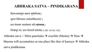 वमत्रपञ्चकसंयुक्तं खसत्वं चूणिसवन्नभम् ।
मूषायां वववनधायाथ प्रधमेत्कोवकलानले ॥
इत्थं तीक्ष्णतरं ध्मातमेकतां यावत काांस्यवत् ।
वपण्डीभूतं तत: सत्वं शोधनाथं प्रयोजयेत् ॥ (RT 10/101-102)
Abhraka satva + Mitra panchaka  crucible (Musha)  Heat 
bhasma will accumulates at one place like that of kamsya  Abhraka
satva pindikarana
ABHRAKA SATVA – PINDIKARANA
 
