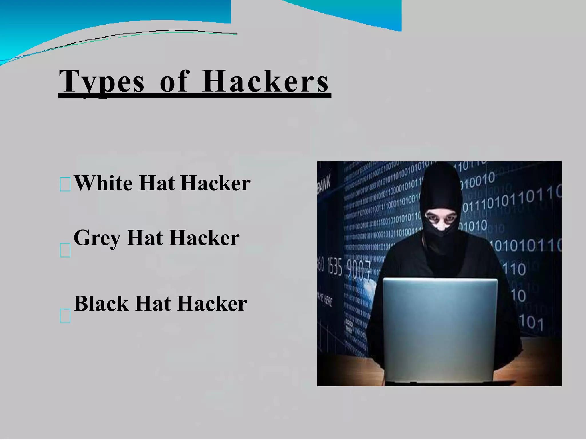 Types of Hackers
White Hat Hacker
Grey Hat Hacker
Black Hat Hacker
 