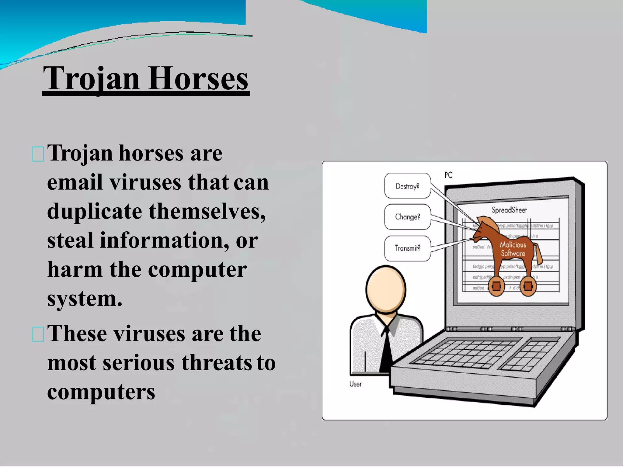 Trojan Horses
Trojan horses are
email viruses that can
duplicate themselves,
steal information, or
harm the computer
system.
These viruses are the
most serious threatsto
computers
 