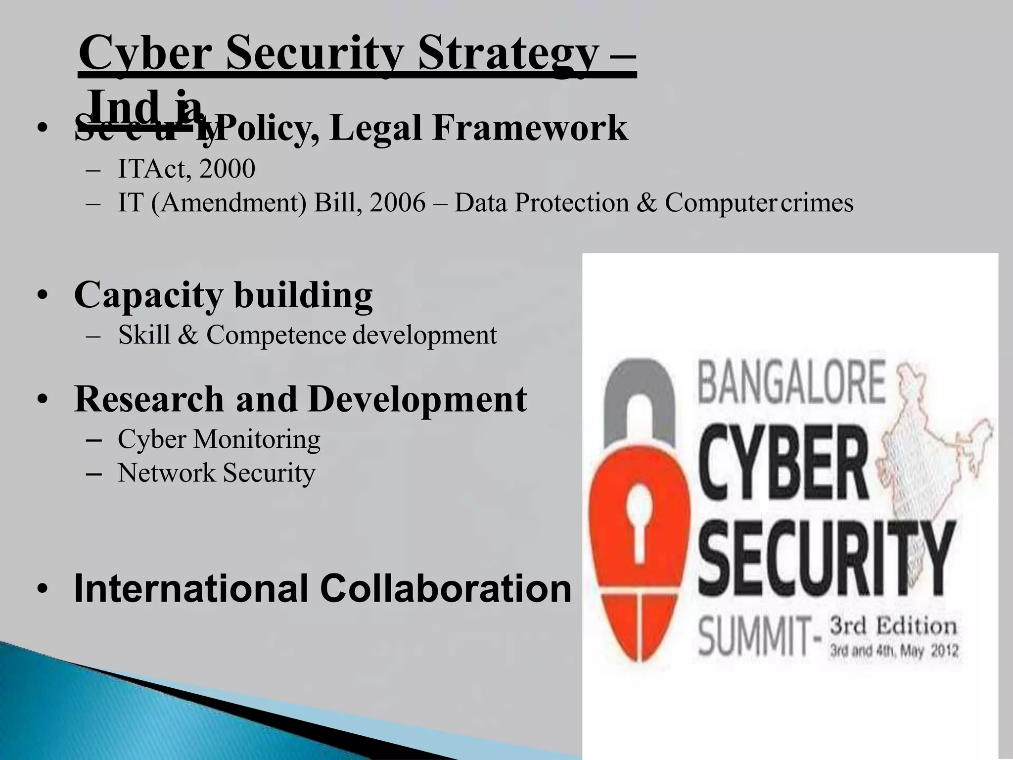 Cyber Security Strategy –
• S
Ie
nc
du
r
iai
t
yPolicy, Legal Framework
– ITAct, 2000
– IT (Amendment) Bill, 2006 – Data Protection & Computercrimes
• Capacity building
– Skill & Competence development
• Research and Development
– Cyber Monitoring
– Network Security
• International Collaboration
 