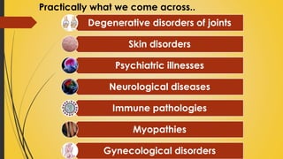 Practically what we come across..
Degenerative disorders of joints
Skin disorders
Psychiatric illnesses
Neurological diseases
Immune pathologies
Myopathies
Gynecological disorders
 