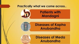 Practically what we come across..
Patients with
Mandagni
Diseases of Kapha
Anubandha
Diseases of Meda
Anubandha
 