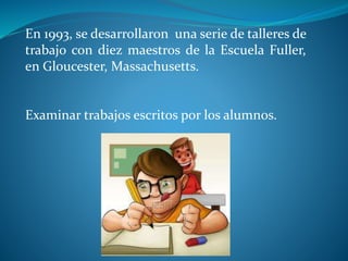 En 1993, se desarrollaron una serie de talleres de
trabajo con diez maestros de la Escuela Fuller,
en Gloucester, Massachusetts.
Examinar trabajos escritos por los alumnos.