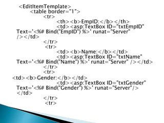 <EditItemTemplate>
<table border="1">
<tr>
<th><b>EmpID:</b></th>
<td><asp:TextBox ID="txtEmpID"
Text='<%# Bind("EmpID") %>' runat="Server"
/></td>
</tr>
<tr>
<td><b>Name:</b></td>
<td><asp:TextBox ID="txtName"
Text='<%# Bind("Name") %>' runat="Server" /></td>
</tr>
<tr>
<td><b>Gender:</b></td>
<td><asp:TextBox ID="txtGender"
Text='<%# Bind("Gender") %>' runat="Server"/>
</td>
</tr>
<tr>
 