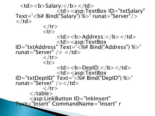 <td><b>Salary:</b></td>
<td><asp:TextBox ID="txtSalary"
Text='<%# Bind("Salary") %>' runat="Server"/>
</td>
</tr>
<tr>
<td><b>Address:</b></td>
<td><asp:TextBox
ID="txtAddress" Text='<%# Bind("Address") %>'
runat="Server" /> </td>
</tr>
<tr>
<td><b>DepID:</b></td>
<td><asp:TextBox
ID="txtDeptID" Text='<%# Bind("DepID") %>'
runat="Server" /></td>
</tr>
</table>
<asp:LinkButton ID="lnkInsert"
Text="Insert" CommandName="Insert" r
 