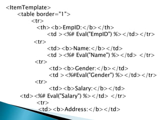 <ItemTemplate>
<table border="1">
<tr>
<th><b>EmpID:</b></th>
<td ><%# Eval("EmpID") %></td></tr>
<tr>
<td><b>Name:</b></td>
<td ><%# Eval("Name") %></td> </tr>
<tr>
<td><b>Gender:</b></td>
<td ><%#Eval("Gender") %></td></tr>
<tr>
<td><b>Salary:</b></td>
<td><%# Eval("Salary") %></td> </tr>
<tr>
<td><b>Address:</b></td>
 