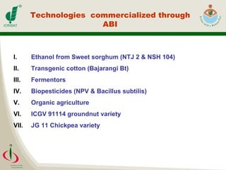 Technologies  commercialized through ABI Ethanol from Sweet sorghum (NTJ 2 & NSH 104) Transgenic cotton (Bajarangi Bt) Fermentors Biopesticides (NPV & Bacillus subtilis) Organic agriculture ICGV 91114 groundnut variety JG 11 Chickpea variety 