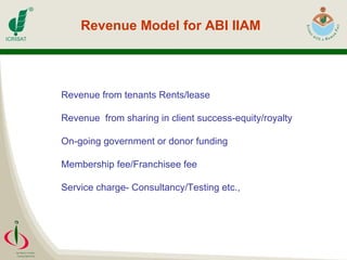 Revenue Model for ABI IIAM Revenue from tenants Rents/lease Revenue  from sharing in client success-equity/royalty On-going government or donor funding Membership fee/Franchisee fee Service charge- Consultancy/Testing etc., 