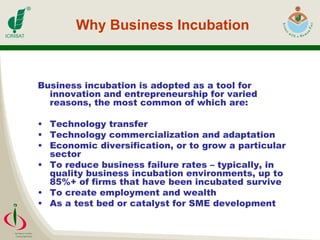Why Business Incubation Business incubation is adopted as a tool for innovation and entrepreneurship for varied reasons, the most common of which are:  Technology transfer Technology commercialization and adaptation  Economic diversification, or to grow a particular sector  To reduce business failure rates – typically, in  quality business incubation environments, up to 85%+ of firms that have been incubated survive  To create employment and wealth  As a test bed or catalyst for SME development  