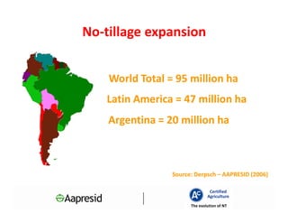 No-tillage expansion


    World Total = 95 million ha
   Latin America = 47 million ha
    Argentina = 20 million ha



                 Source:
                 Source: Derpsch – AAPRESID (2006)

                                Certified
                               Agriculture
                       The evolution of NT
 