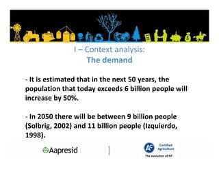 I – Context analysis:
                   The demand

- It is estimated that in the next 50 years, the
population that today exceeds 6 billion people will
increase by 50%.

- In 2050 there will be between 9 billion people
(Solbrig, 2002) and 11 billion people (Izquierdo,
1998).
                                                Certified
                                               Agriculture
                                       The evolution of NT
 