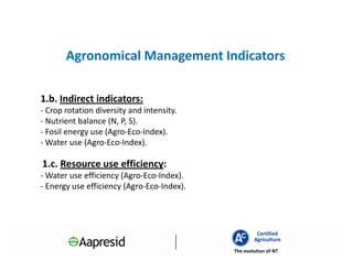 Agronomical Management Indicators

1.b. Indirect indicators:
- Crop rotation diversity and intensity.
- Nutrient balance (N, P, S).
- Fosil energy use (Agro-Eco-Index).
- Water use (Agro-Eco-Index).

1.c. Resource use efficiency:
- Water use efficiency (Agro-Eco-Index).
- Energy use efficiency (Agro-Eco-Index).




                                                     Certified
                                                    Agriculture
                                            The evolution of NT
 