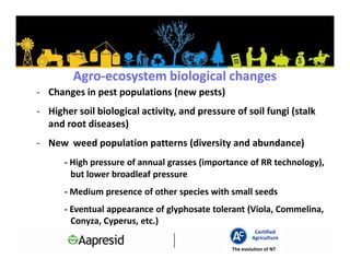 Agro-ecosystem biological changes
- Changes in pest populations (new pests)
- Higher soil biological activity, and pressure of soil fungi (stalk
  and root diseases)
- New weed population patterns (diversity and abundance)
      - High pressure of annual grasses (importance of RR technology),
        but lower broadleaf pressure
      - Medium presence of other species with small seeds
      - Eventual appearance of glyphosate tolerant (Viola, Commelina,
        Conyza, Cyperus, etc.)
                                                        Certified
                                                       Agriculture
                                               The evolution of NT
 