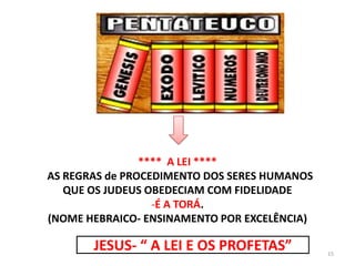 **** A LEI ****
AS REGRAS de PROCEDIMENTO DOS SERES HUMANOS
   QUE OS JUDEUS OBEDECIAM COM FIDELIDADE
                  -É A TORÁ.
(NOME HEBRAICO- ENSINAMENTO POR EXCELÊNCIA)

       JESUS- “ A LEI E OS PROFETAS”          15
 