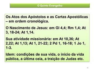 O Quinto Evangelho



Os Atos dos Apóstolos e as Cartas Apostólicas
– em ordem cronológica.
O Nascimento de Jesus: em Gl 4,4; Rm 1,4; At
3, 18-24; At 1,14.
Sua atividade missionária: em At 10,36; At
2,22; At 1,13; At 1, 21-22; 2 Pd 1, 16-18; 1 Jo 1,
1-3.
Idem: condições de sua vida, o início da vida
pública, a última ceia, a traição de Judas etc.

                                                     36
 