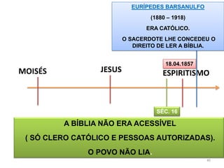 EURÍPEDES BARSANULFO
                                  (1880 – 1918)
                                ERA CATÓLICO.
                          O SACERDOTE LHE CONCEDEU O
                             DIREITO DE LER A BÍBLIA.


                                       18.04.1857
MOISÉS            JESUS               ESPIRITISMO



                                    SÉC. 16

         A BÍBLIA NÃO ERA ACESSÍVEL
 ( SÓ CLERO CATÓLICO E PESSOAS AUTORIZADAS).
               O POVO NÃO LIA.
                                                    40
 