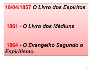 18/04/1857 O Livro dos Espíritos


1861 - O Livro dos Médiuns


1864 - O Evangelho Segundo o
Espiritismo.

                                   45
 