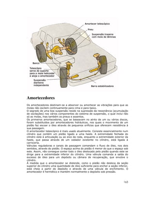 Amortecedores
Os amortecedores destinam-se a absorver ou amortecer as vibrações para que as
molas não oscilem continuamente para cima e para baixo.
O segredo de uma boa suspensão reside na supressão da ressonância (acumulação
de oscilações) nos vários componentes do sistema de suspensão, o qual inclui não
só as molas, mas também os pneus e assentos.
Os primeiros amortecedores, que se baseavam no atrito de um ou vários discos,
foram substituídos por amortecedores hidráulicos, nos quais o movimento de um
pistão faz escoar o óleo através de pequenos orifícios que oferecem resistência à
sua passagem.
O amortecedor telescópico é mais usado atualmente. Consiste essencialmente num
cilindro que contém um pistão ligado a uma haste. A extremidade fechada do
cilindro está à articulação ou ao eixo da roda, enquanto a extremidade exterior da
haste, que passa através de um vedador existente no cilindro, está ligada à
carroceria.
Válvulas reguladoras e canais de passagem comandam o fluxo de óleo, nos dois
sentidos, através do pistão. O espaço acima do pistão é menor do que o espaço sob
este. Assim, não consegue conter todo o óleo deslocado pelo pistão quando este se
dirige para a extremidade inferior do cilindro. Uma válvula comanda a saída do
excesso de óleo para um depósito ou câmara de recuperação, que envolve o
cilindro.
À medida que o amortecedor se distende, como o pistão não desloca da seção
superior do cilindro uma quantidade de óleo suficiente para encher a seção inferior,
está cheia a partir do depósito e através de uma válvula de enchimento. O
amortecedor é hermético e mantém normalmente o depósito sob pressão.

163

 