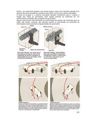 Porém, um automóvel pesado, com pneus largos, exige uma redução elevada e/ou
alguma forma de assistência mecânica para fazer uma curva a baixa velocidade.
A caixa de direção e o sistema articulado também transferem para o volante a
reação das rodas ao pavimento. Esta reação permite ao motorista ter um
conhecimento imediato das condições do pavimento.
Alguns mecanismos são eficientes na transmissão do esforço do motorista para as
rodas não sendo, contudo, tão eficazes quanto à transmissão ao motorista de
informações sobre possíveis irregularidades do pavimento.

202

 