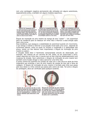 com uma cambagem negativa permanente são utilizadas em alguns automóveis,
especialmente atrás, e também em alguns modelos esportivos.

Ângulo de inclinação do pino mestre da manga de eixo “caster” – Um automóvel
deve ter tendência para se deslocar em linha reta e retornar a essa direção após
fazer uma curva.
Essa tendência, que assegura a estabilidade do automóvel quando em movimento,
e que obriga o volante a retornar a sua posição inicial após uma curva , depende de
numerosos fatores, entre os quais se incluem a suspensão e a elasticidade dos
pneus, sendo um dos fatores mais importantes o ângulo de inclinação do pino
mestre (o caster).
A atuação deste fator é facilmente compreendida através da observação, por
exemplo, dos rodízios de um carrinho de chá. Estes, ao ser empurrado o carro,
rodam seguindo em linha reta, a menos que se lhes imprima deliberadamente uma
mudança de direção. Num automóvel, o ângulo de inclinação do pino mestre tem
também como função obrigar a roda a percorrer uma linha reta.
O ponto central da superfície de contato da roda com o solo situa-se atrás da linha
imaginária que prolonga o eixo do pino mestre da manga de eixo até a faixa de
rodagem. O ângulo de inclinação do pino mestre é formado pela linha que passa
pelo eixo deste e a linha vertical que passa pelo centro da roda. Tal como o ângulo
de cambagem, deve ser verificado após qualquer acidente.

210

 