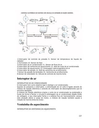 1.Interruptor de controle de pressão 9. Sensor de temperatura do liquido do
radiador
2.Termostato 10. Sensor de fase
3.Interruptor do ar condicionado 11. Sensor de fluxo do ar
4.Interruptor da ventoinha de aquecimento 12. Rele de corte do ar condicionado
5.Interruptor de aquecimento 13. Embreagem eletromagnética do ar
6.Interruptor de ignição 14. Relé da ventoinha do arrefecimento
7.Sensor da posição da borboleta 15. Ventoinha do arrefecimento
8.Sensor de velocidade 16. Válvula de controle da marcha lenta

Interuptor de ar
INTERRUPTOR DO AR CONDICIONADO
O interruptor tem como objetivo ligar e desligar o ar condicionado.
Quando se pressiona o interruptor, a alimentação de 12 volts é ligada através do
módulo de injeção eletrônica e através do interruptor de descongelamento que se
encontra desligado.
O módulo de injeção eletrônica origina o corte de ar condicionado na aceleração a
fundo de forma a fechar o circuito.A embreagem do ar condicionado dispõe então
de voltagem, o seu interruptor fecha e o sistema fica em funcionamento: porque
esta situação altera a carga do motor, o módulo de injeção também ajusta a
rotação da marcha lenta do motor.

Ventuinha do aquecimento
INTERRUPTOR DA VENTOINHA DO AQUECIMENTO

237

 
