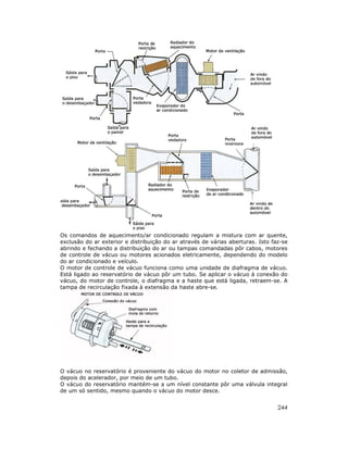 Os comandos de aquecimento/ar condicionado regulam a mistura com ar quente,
exclusão do ar exterior e distribuição do ar através de várias aberturas. Isto faz-se
abrindo e fechando a distribuição do ar ou tampas comandadas pôr cabos, motores
de controle de vácuo ou motores acionados eletricamente, dependendo do modelo
do ar condicionado e veículo.
O motor de controle de vácuo funciona como uma unidade de diafragma de vácuo.
Está ligado ao reservatório de vácuo pôr um tubo. Se aplicar o vácuo à conexão do
vácuo, do motor de controle, o diafragma e a haste que está ligada, retraem-se. A
tampa de recirculação fixada à extensão da haste abre-se.

O vácuo no reservatório é proveniente do vácuo do motor no coletor de admissão,
depois do acelerador, por meio de um tubo.
O vácuo do reservatório mantém-se a um nível constante pôr uma válvula integral
de um só sentido, mesmo quando o vácuo do motor desce.

244

 