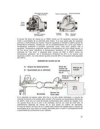 O sensor de fluxo de massa de ar (MAF) utiliza um fio aquecido, sensível, para
medir a quantidade de ar admitido pelo motor. O ar que passa pelo fio aquecido
provoca o resfriamento do mesmo. Esse fio aquecido é mantido a 200°C acima da
temperatura ambiente, medida por um fio constantemente frio. O fio que mede a
temperatura ambiente é também conhecido como “cold wire“ porque não é
aquecido. Temperatura ambiente significa a temperatura em torno deste sensor. O
fio frio serve como referência à temperatura ambiente. O fio quente também
chamado de “hot wire” é aquecido pelo circuito do MAF a 200ºC acima da
temperatura ambiente. Se a temperatura ambiente for 0°C o fio quente será
aquecido a 200°C. Se o dia estiver quente cerca de 40°C o fio quente será aquecido
até 240°C.

O ar admitido irá passar pelos dois fios e os dois serão resfriados; o circuito de
controle fornecerá uma tensão para manter o fio quente na temperatura diferencial
de 200°C. Este cria um sinal de tensão monitorizado pelo módulo de injeção. Com
um grande fluxo de ar e com o fio resfriado, tem-se um sinal de nível alto. O
resfriamento depende da massa de ar que passa no coletor de admissão.
O sinal do sensor de fluxo de ar é usado pelo módulo de injeção para o cálculo da
quantidade de ar que entra no coletor admissão para o motor e conseqüentemente
a quantidade do combustível a ser injetado.

57

 