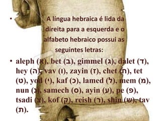 • A língua hebraica é lida da
direita para a esquerda e o
alfabeto hebraico possui as
seguintes letras:
• aleph (‫,)א‬ bet (‫,)ב‬ gimmel (‫,)ג‬ dalet (‫,)ד‬
hey (‫,)ה‬ vav (‫,)ו‬ zayin (‫,)ז‬ chet (‫,)ח‬ tet
(‫,)ט‬ yod (‫,)י‬ kaf (‫,)כ‬ lamed (‫,)ל‬ mem (‫,)מ‬
nun (‫,)נ‬ samech (‫,)ס‬ ayin (‫,)ע‬ pe (‫,)פ‬
tsadi (‫,)צ‬ kof (‫,)ק‬ reish (‫,)ר‬ shin (‫,)ש‬ tav
(‫.)ת‬
 