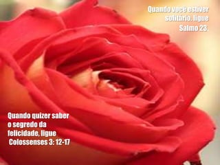 Quando você estiver
                             solitário, ligue
                                  Salmo 23.




Quando quizer saber
o segredo da
felicidade, ligue
 Colossenses 3: 12-17
 