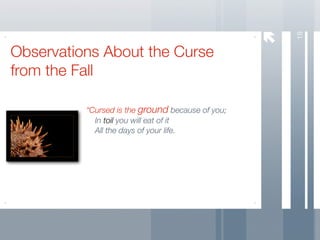 18
Observations About the Curse
from the Fall

          “Cursed is the ground because of you;
          	 In toil you will eat of it
          	 All the days of your life.
 