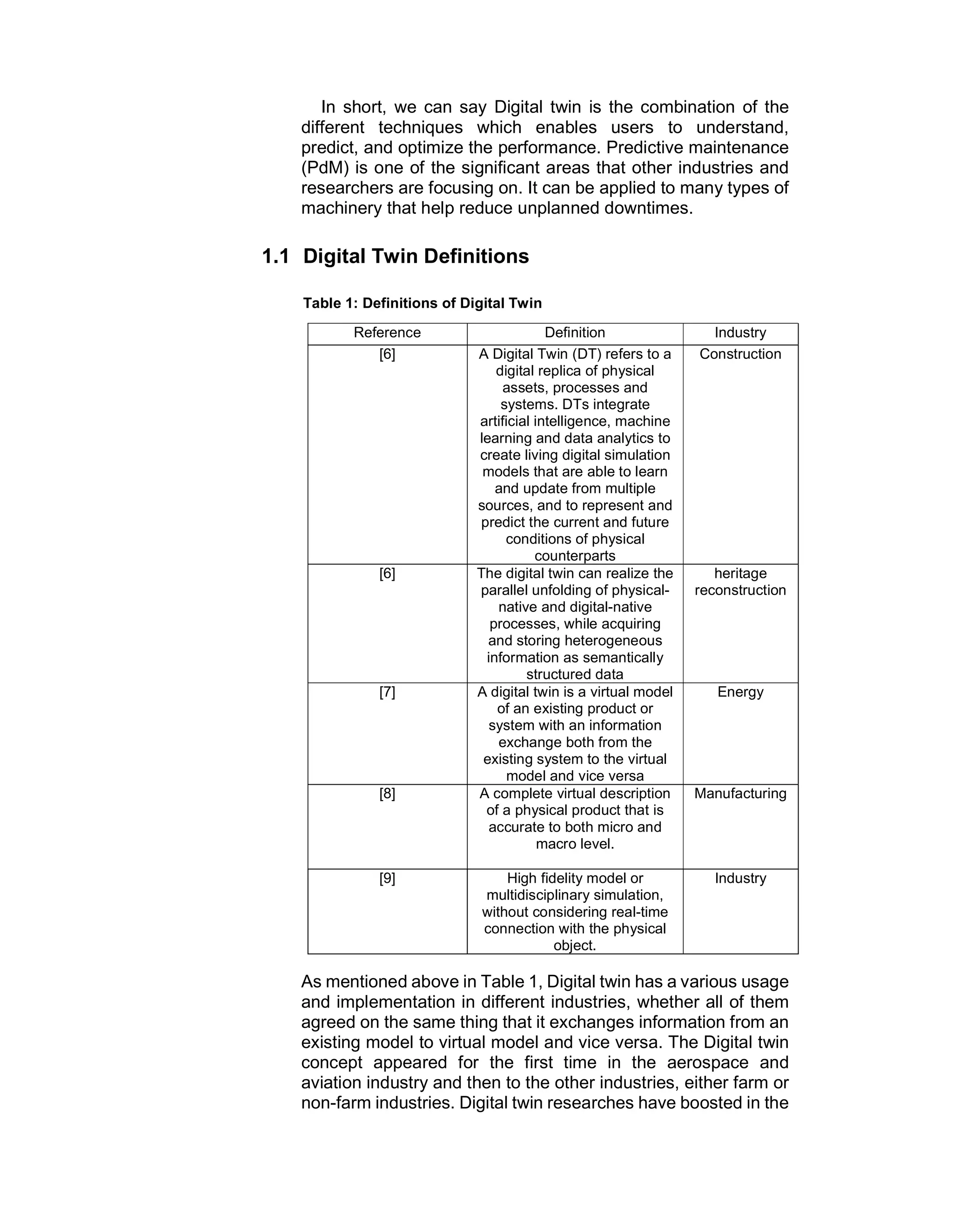 In short, we can say Digital twin is the combination of the
different techniques which enables users to understand,
predict, and optimize the performance. Predictive maintenance
(PdM) is one of the significant areas that other industries and
researchers are focusing on. It can be applied to many types of
machinery that help reduce unplanned downtimes.
1.1 Digital Twin Definitions
Table 1: Definitions of Digital Twin
Reference Definition Industry
[6] A Digital Twin (DT) refers to a
digital replica of physical
assets, processes and
systems. DTs integrate
artificial intelligence, machine
learning and data analytics to
create living digital simulation
models that are able to learn
and update from multiple
sources, and to represent and
predict the current and future
conditions of physical
counterparts
Construction
[6] The digital twin can realize the
parallel unfolding of physical-
native and digital-native
processes, while acquiring
and storing heterogeneous
information as semantically
structured data
heritage
reconstruction
[7] A digital twin is a virtual model
of an existing product or
system with an information
exchange both from the
existing system to the virtual
model and vice versa
Energy
[8] A complete virtual description
of a physical product that is
accurate to both micro and
macro level.
Manufacturing
[9] High fidelity model or
multidisciplinary simulation,
without considering real-time
connection with the physical
object.
Industry
As mentioned above in Table 1, Digital twin has a various usage
and implementation in different industries, whether all of them
agreed on the same thing that it exchanges information from an
existing model to virtual model and vice versa. The Digital twin
concept appeared for the first time in the aerospace and
aviation industry and then to the other industries, either farm or
non-farm industries. Digital twin researches have boosted in the
 