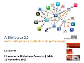 A Biblioteca 2.0
nota + alta para a arquitectura de participação
Luísa Alvim
I Jornadas de Bibliotecas Escolares | Maia
12 Novembro 2010
 