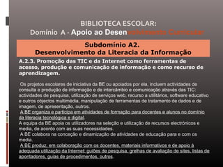 Subdomínio A2.
Desenvolvimento da Literacia da Informação
A.2.3. Promoção das TIC e da Internet como ferramentas de
acesso, produção e comunicação de informação e como recurso de
aprendizagem.
Os projetos escolares de iniciativa da BE ou apoiados por ela, incluem actividades de
consulta e produção de informação e de intercâmbio e comunicação através das TIC:
actividades de pesquisa, utilização de serviços web, recurso a utilitários, software educativo
e outros objectos multimédia, manipulação de ferramentas de tratamento de dados e de
imagem, de apresentação, outros.
A BE organiza e participa em atividades de formação para docentes e alunos no domínio
da literacia tecnológica e digital.
A equipa da BE apoia os utilizadores na seleção e utilização de recursos electrónicos e
media, de acordo com as suas necessidades.
A BE colabora na conceção e dinamização de atividades de educação para e com os
media.
A BE produz, em colaboração com os docentes, materiais informativos e de apoio à
adequada utilização da Internet: guiões de pesquisa, grelhas de avaliação de sites, listas de
apontadores, guias de procedimentos, outros.
BIBLIOTECA ESCOLAR:
Domínio A - Apoio ao Desenvolvimento Curricular
 