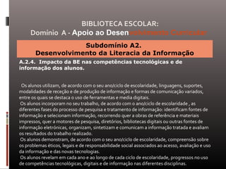 Subdomínio A2.
Desenvolvimento da Literacia da Informação
A.2.4. Impacto da BE nas competências tecnológicas e de
informação dos alunos.
Os alunos utilizam, de acordo com o seu ano/ciclo de escolaridade, linguagens, suportes,
modalidades de receção e de produção de informação e formas de comunicação variados,
entre os quais se destaca o uso de ferramentas e media digitais.
Os alunos incorporam no seu trabalho, de acordo com o ano/ciclo de escolaridade , as
diferentes fases do processo de pesquisa e tratamento de informação: identificam fontes de
informação e selecionam informação, recorrendo quer a obras de referência e materiais
impressos, quer a motores de pesquisa, diretórios, bibliotecas digitais ou outras fontes de
informação eletrónicas, organizam, sintetizam e comunicam a informação tratada e avaliam
os resultados do trabalho realizado.
Os alunos demonstram, de acordo com o seu ano/ciclo de escolaridade, compreensão sobre
os problemas éticos, legais e de responsabilidade social associados ao acesso, avaliação e uso
da informação e das novas tecnologias.
Os alunos revelam em cada ano e ao longo de cada ciclo de escolaridade, progressos no uso
de competências tecnológicas, digitais e de informação nas diferentes disciplinas.
BIBLIOTECA ESCOLAR:
Domínio A - Apoio ao Desenvolvimento Curricular
 