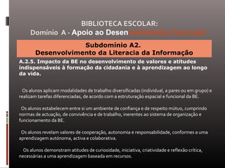 Subdomínio A2.
Desenvolvimento da Literacia da Informação
A.2.5. Impacto da BE no desenvolvimento de valores e atitudes
indispensáveis à formação da cidadania e à aprendizagem ao longo
da vida.
Os alunos aplicam modalidades de trabalho diversificadas (individual, a pares ou em grupo) e
realizam tarefas diferenciadas, de acordo com a estruturação espacial e funcional da BE.
Os alunos estabelecem entre si um ambiente de confiança e de respeito mútuo, cumprindo
normas de actuação, de convivência e de trabalho, inerentes ao sistema de organização e
funcionamento da BE.
Os alunos revelam valores de cooperação, autonomia e responsabilidade, conformes a uma
aprendizagem autónoma, activa e colaborativa.
Os alunos demonstram atitudes de curiosidade, iniciativa, criatividade e reflexão crítica,
necessárias a uma aprendizagem baseada em recursos.
BIBLIOTECA ESCOLAR:
Domínio A - Apoio ao Desenvolvimento Curricular
 