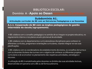 Subdomínio A1.
Articulação curricular da BE com as Estruturas Pedagógicas e os Docentes
A.1.1. Cooperação da BE com os órgãos pedagógicos de gestão
intermédia da escola/agrupamento.
A BE colabora com o conselho pedagógico no sentido de se integrar no projeto educativo, no
regulamento interno e nos planos anual e plurianual de atividade.
A BE colabora com os departamentos curriculares/áreas disciplinares para conhecer os
diferentes currículos, programas e orientações curriculares, visando integrar-se nas suas
planificações.
A BE colabora com os coordenadores de estabelecimento de ensino, os conselhos de turma e
com os docentes titulares das turmas com o objetivo de conhecer os diferentes projetos
curriculares e de se envolver no planeamento das respetivas actividades, estratégias e
recursos.
A utilização da BE é rentabilizada pelos docentes no âmbito das suas atividades lectivas,
desenvolvidas em parceria com a BE ou de forma autónoma.
BIBLIOTECA ESCOLAR:
Domínio A - Apoio ao Desenvolvimento Curricular
 