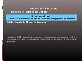 Subdomínio A1.
Articulação curricular da BE com as Estruturas Pedagógicas e os Docentes
A.1.2. Parceria da BE com os docentes
A utilização da BE é rentabilizada pelos docentes em atividades relacionadas com as ACNC ou
outros projetos de carácter multidisciplinar, desenvolvidos em parceria com a BE ou de forma
autónoma.
BIBLIOTECA ESCOLAR:
Domínio A - Apoio ao Desenvolvimento Curricular
 