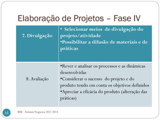 Elaboração de Projetos – Fase IV
RBE - António Nogueira 2012.201413
7. Divulgação
• Selecionar meios de divulgação do
projeto/atividade
•Possibilitar a difusão de materiais e de
práticas
8.Avaliação
•Rever e analisar os processos e as dinâmicas
desenvolvidas
•Considerar o sucesso do projeto e do
produto tendo em conta os objetivos definidos
•Apreciar a eficácia do produto (alteração das
práticas)
 