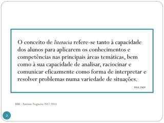 O conceito de literacia refere-se tanto à capacidade
dos alunos para aplicarem os conhecimentos e
competências nas principais áreas temáticas, bem
como à sua capacidade de analisar, raciocinar e
comunicar eficazmente como forma de interpretar e
resolver problemas numa variedade de situações.
PISA 2009
RBE - António Nogueira 2012.2014
3
 