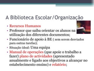 A Biblioteca Escolar/Organização Recursos Humanos Professor que saiba orientar os alunos na utilização dos diferentes documentos; Funcionário de apoio à BE  ( sem serem desviados para outras tarefas); Situação ideal:  Uma equipa Manual de operações  (que apoie o trabalho a fazer)  plano de actividades  (apresentado  anualmente e ligado aos objectivos a alcançar no estabelecimento ensino) e  relatório ; 
