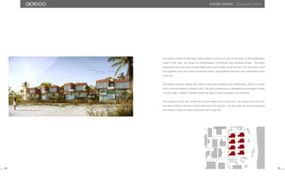 The project consists of eight luxury villas located in a prime plot close to the beach on the southeastern
coast of India. Each villa design is a reinterpretation of traditional vastu-compliant houses. The typical
central patio becomes here a double-height infinity pool located on the first floor. The rest of the rooms
are organized along this central monumental space, facing different directions with unobstructed views
of the sea.
The building massing strategy also allows double-side ventilations and self-shading, which is a critical
factor in the hot weather of Southern India. The pool is presented as a perforated box that allows the light
to come inside, creating a dramatic space that gives a sense of grandeur and solemnity.
The program of each villa includes the common areas at the ground floor, the spaces at the first floor
with direct access to the pool, and the bedrooms at the top floor. The eight villas are placed overlapping
one another in order to ensure views from each single villa.
129 130
gauri aman. Chennai, India.
 