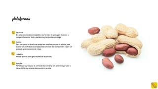 Youtube:
Perfeito para produção de conteúdo de culinária, tem potencial para ser o
canal oficial das receitas de amendoim na rede.
plataformas
Facebook:
É a rede social onde está o público e o formato de postagem favorece o
compartilhamento. Será a plataforma principal da estratégia.
Twitter:
Está em queda no Brasil mas ainda tem uma boa parcela do público, vale
manter um perfil da marca replicando conteúdo das outras redes e para um
possível gerenciamento de crises.
Linked-in:
Manter apenas perfil geral da ABICAB atualizado.
 