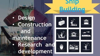 d
Ship
Building
• Design
• Construction
and
maintenance
• Research and
development
 