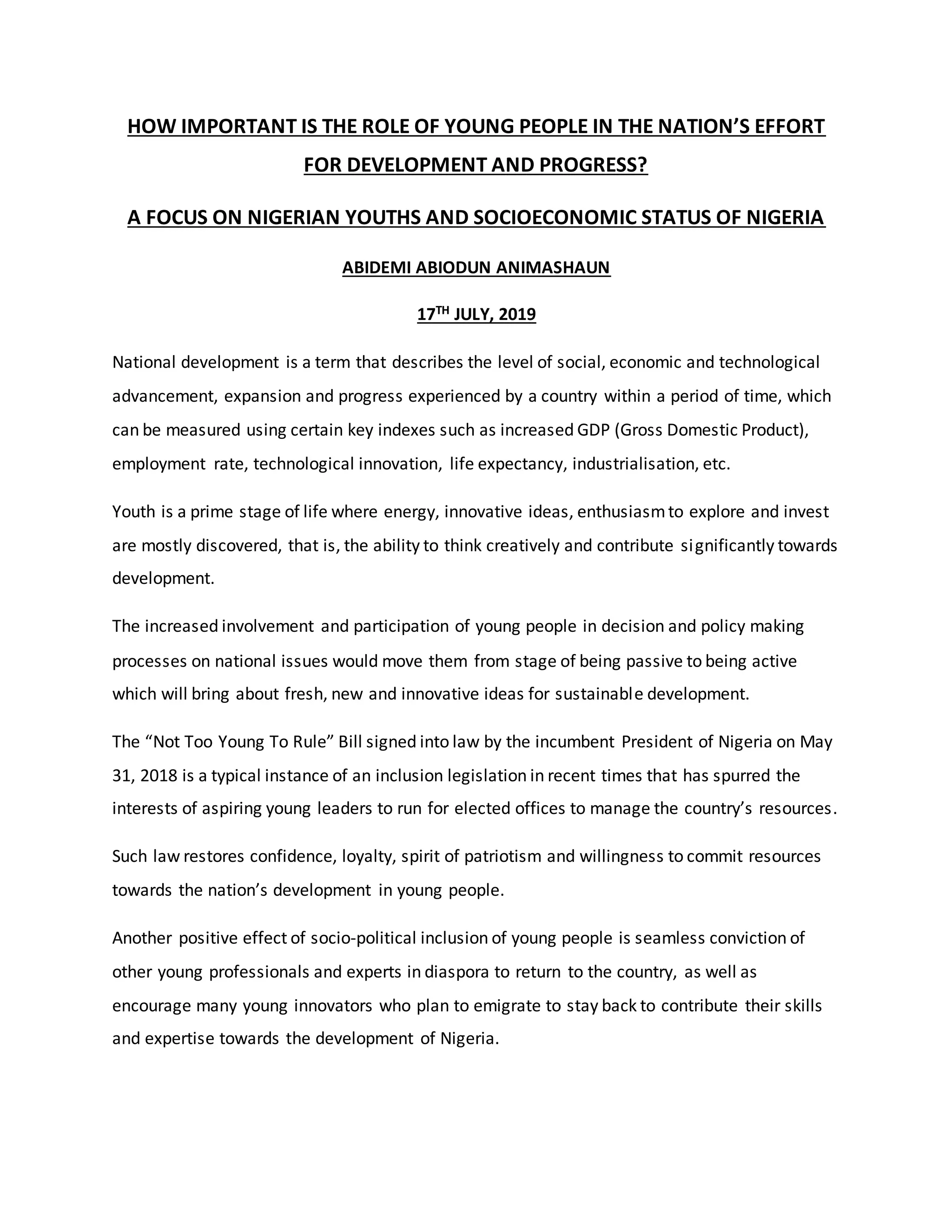 Importance of the roles of Nigerian youths in national development and ...