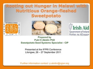 Rooting out Hunger in Malawi with
    Nutritious Orange-fleshed
           Sweetpotato




                    Prepared by
                 Putri E Abidin PhD
      Sweetpotato Seed Systems Specialist - CIP

         Presented at the IFPRI Conference
         Lilongwe, 26 – 27 September 2011



     Further information contact: p.abidin@cgiar.org
 