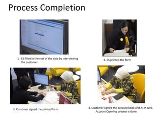 1. CS filled in the rest of the data by interviewing
the customer
2. CS printed the form
3. Customer signed the printed form 4. Customer signed the account book and ATM card.
Account Opening process is done.
Process Completion
 