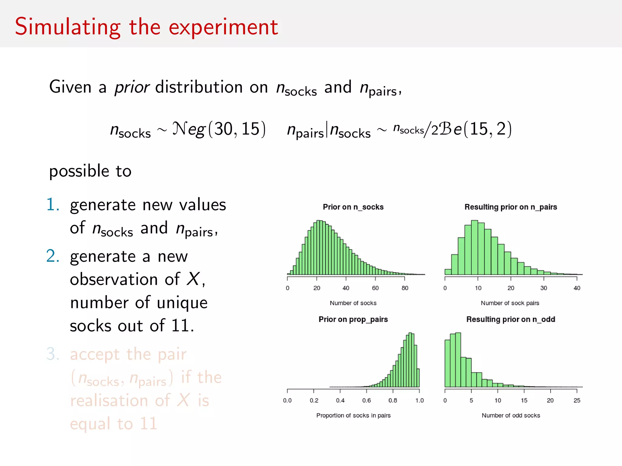 Simulating the experiment
Given a prior distribution on nsocks and npairs,
nsocks ∼ Neg(30, 15) npairs|nsocks ∼ nsocks/2Be(15, 2)
possible to
1. generate new values
of nsocks and npairs,
2. generate a new
observation of X,
number of unique
socks out of 11.
3. accept the pair
(nsocks, npairs) if the
realisation of X is
equal to 11
 