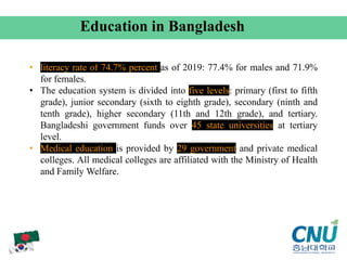 • literacy rate of 74.7% percent as of 2019: 77.4% for males and 71.9%
for females.
• The education system is divided into five levels: primary (first to fifth
grade), junior secondary (sixth to eighth grade), secondary (ninth and
tenth grade), higher secondary (11th and 12th grade), and tertiary.
Bangladeshi government funds over 45 state universities at tertiary
level.
• Medical education is provided by 29 government and private medical
colleges. All medical colleges are affiliated with the Ministry of Health
and Family Welfare.
Education in Bangladesh
 